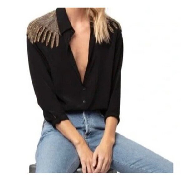 Black Studded Crop Blouse AS By DF Size Small Designer‎ Black Blouse - Picture 8 of 9